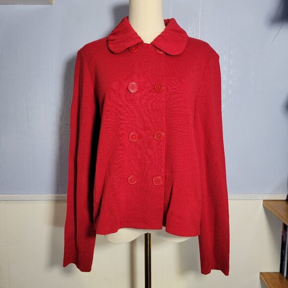 Coldwater Creek Medium Bright Red Ruffle Collar Jacket Double Button Sweater - Picture 1 of 11
